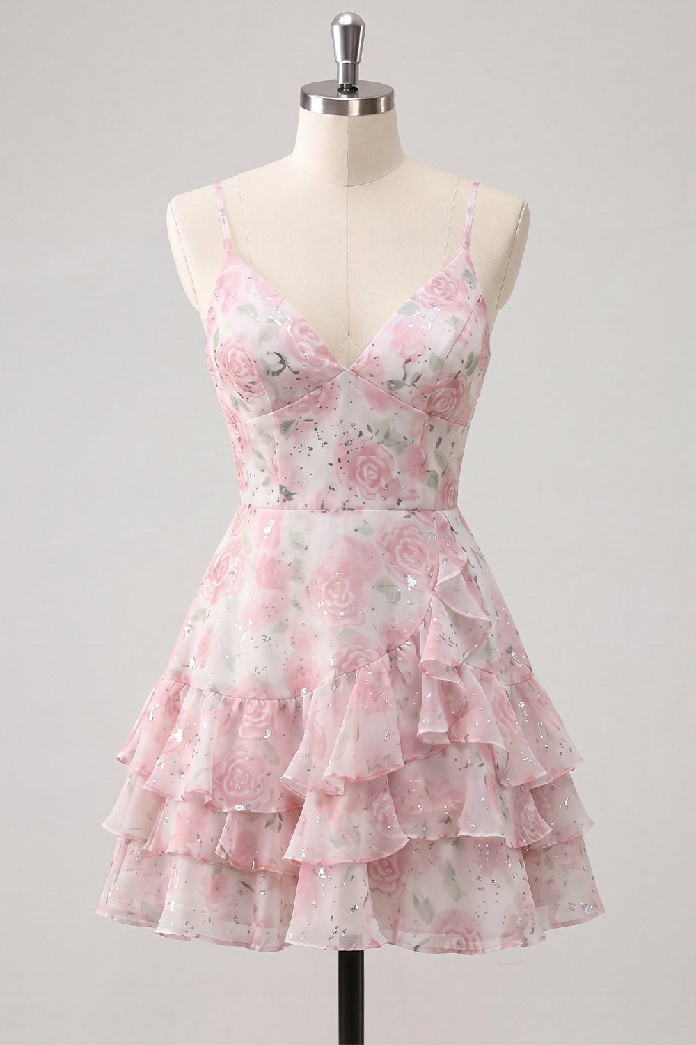 Pink Tiered A-Line Floral Spaghetti Straps Homecoming Dress with Ruffles