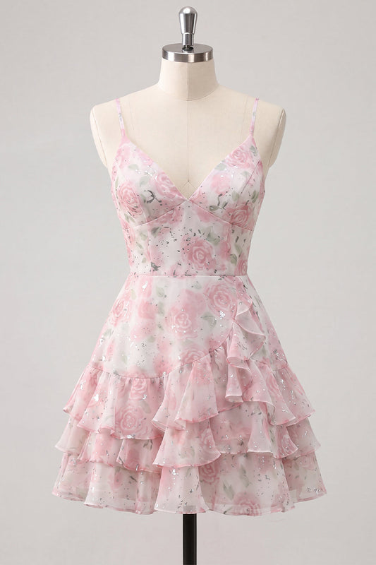 Pink Tiered A-Line Floral Spaghetti Straps Homecoming Dress with Ruffles