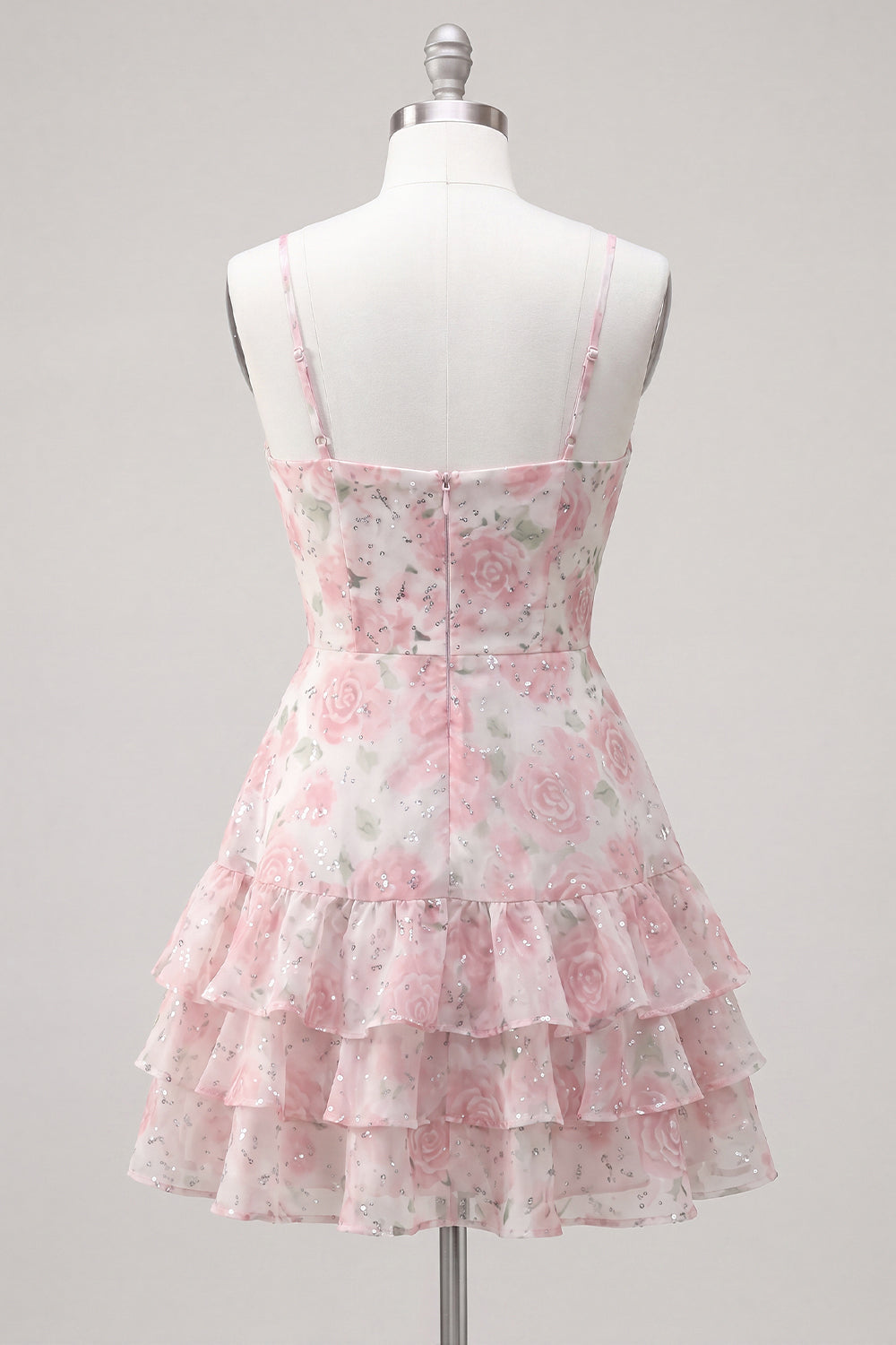 Pink Tiered A-Line Floral Spaghetti Straps Homecoming Dress with Ruffles