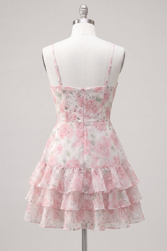 Pink Tiered A-Line Floral Spaghetti Straps Homecoming Dress with Ruffles