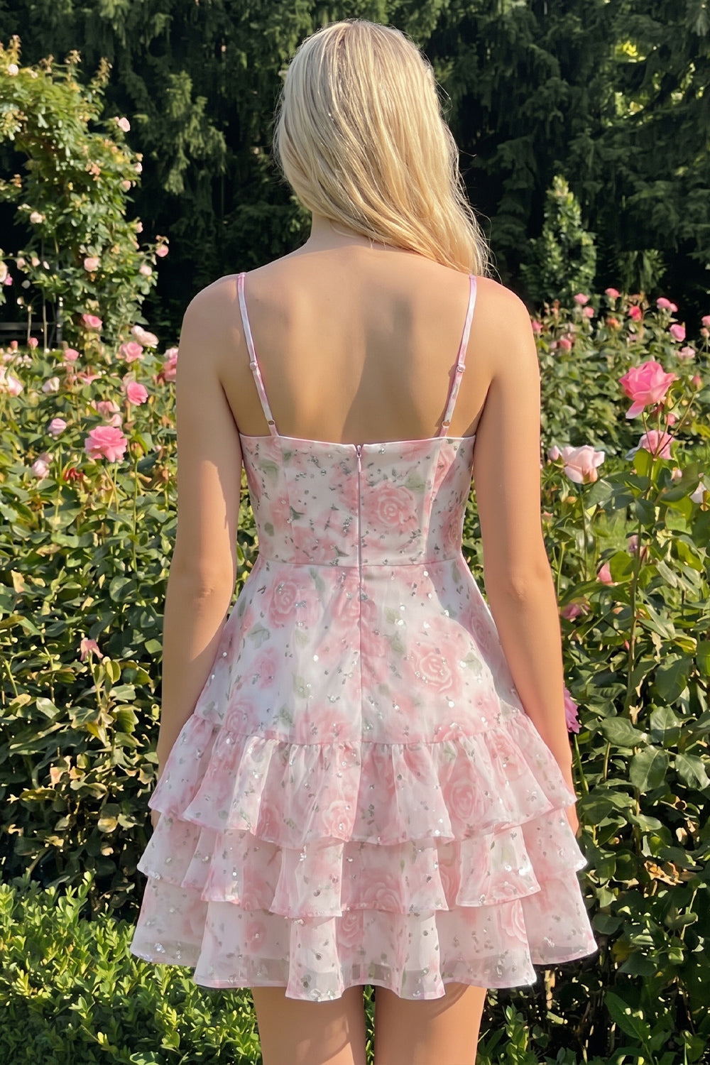 Pink Tiered A-Line Floral Spaghetti Straps Homecoming Dress with Ruffles