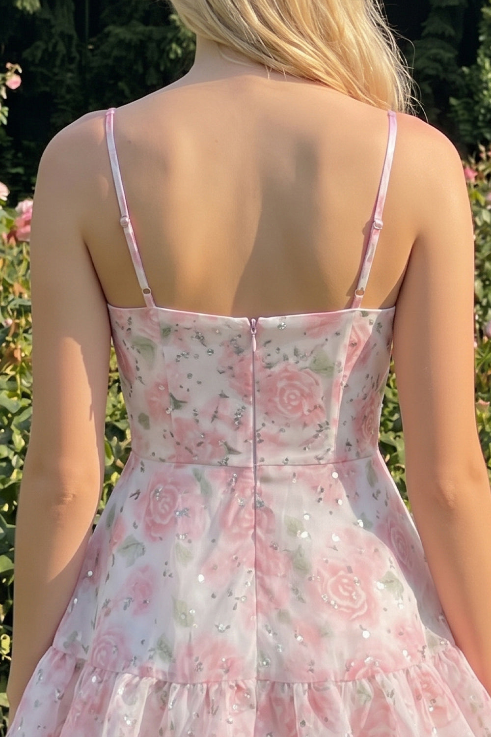 Pink Tiered A-Line Floral Spaghetti Straps Homecoming Dress with Ruffles