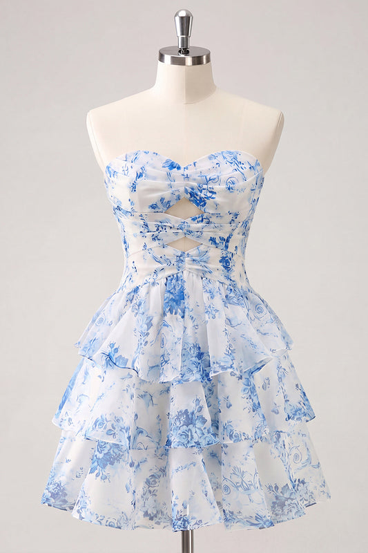 Light Blue Sweetheart Key Hole Tiered Floral Chiffon Homecoming Dress