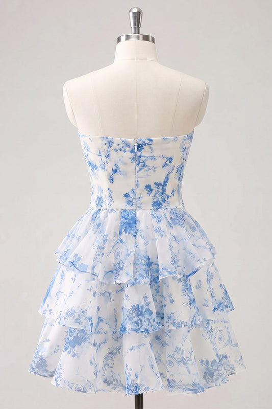 Light Blue Sweetheart Key Hole Tiered Floral Chiffon Homecoming Dress