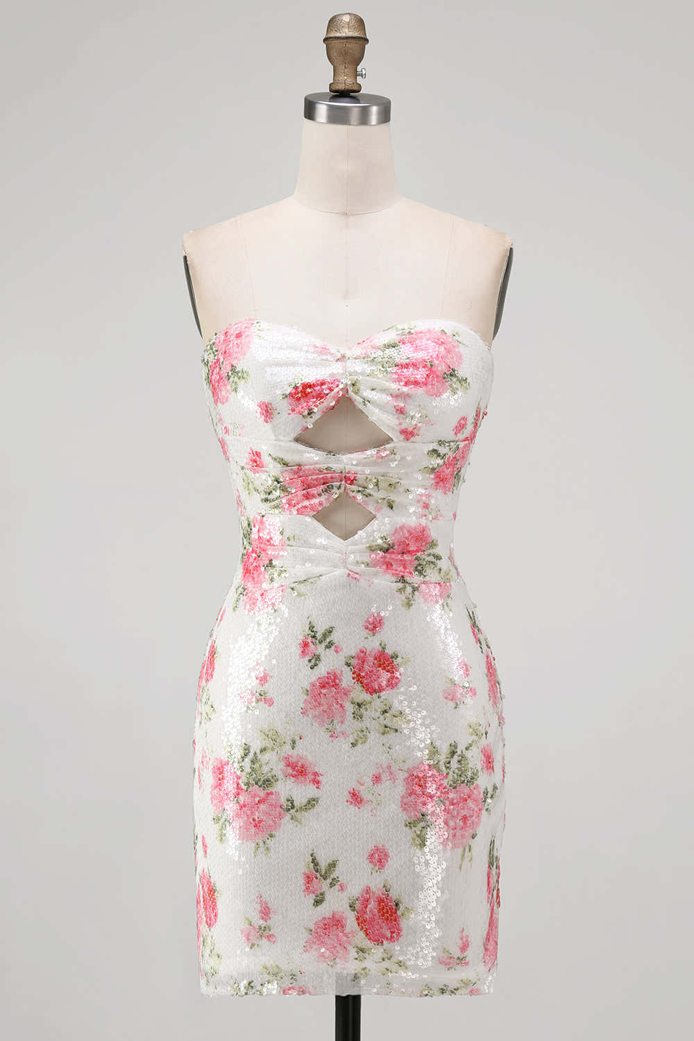 Robe de cocktail moulante blanche à trou de serrure avec sequins floraux et laçage au dos