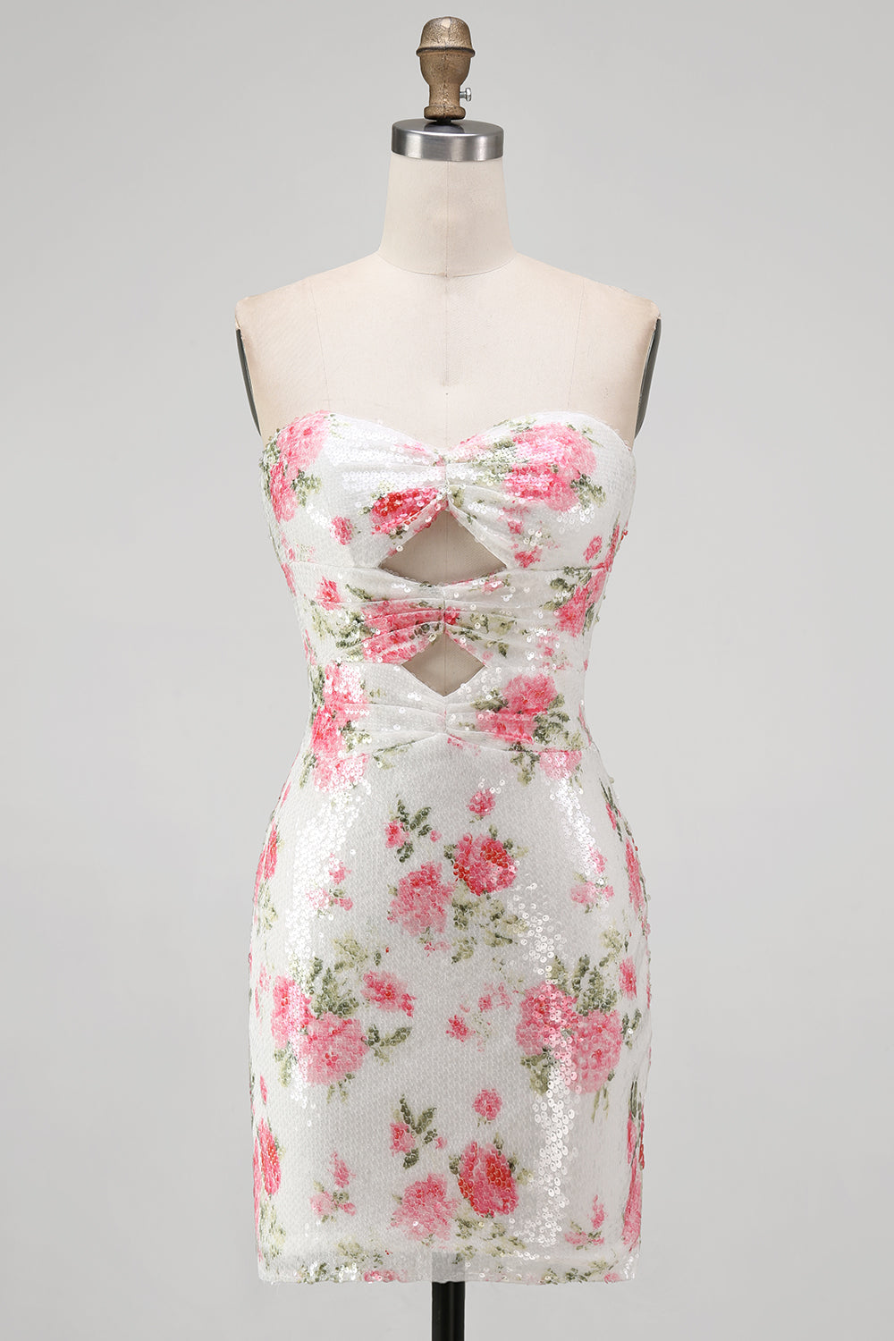 Robe de cocktail moulante blanche à trou de serrure avec sequins floraux et laçage au dos