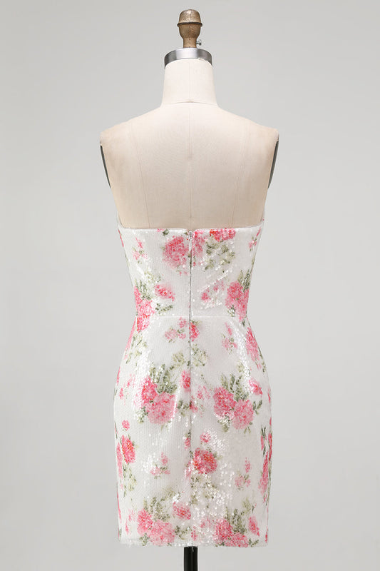Sparkly Sweetheart White Keyhole Bodycon Floral Sequin Cocktail Dress with Lace-Up Back