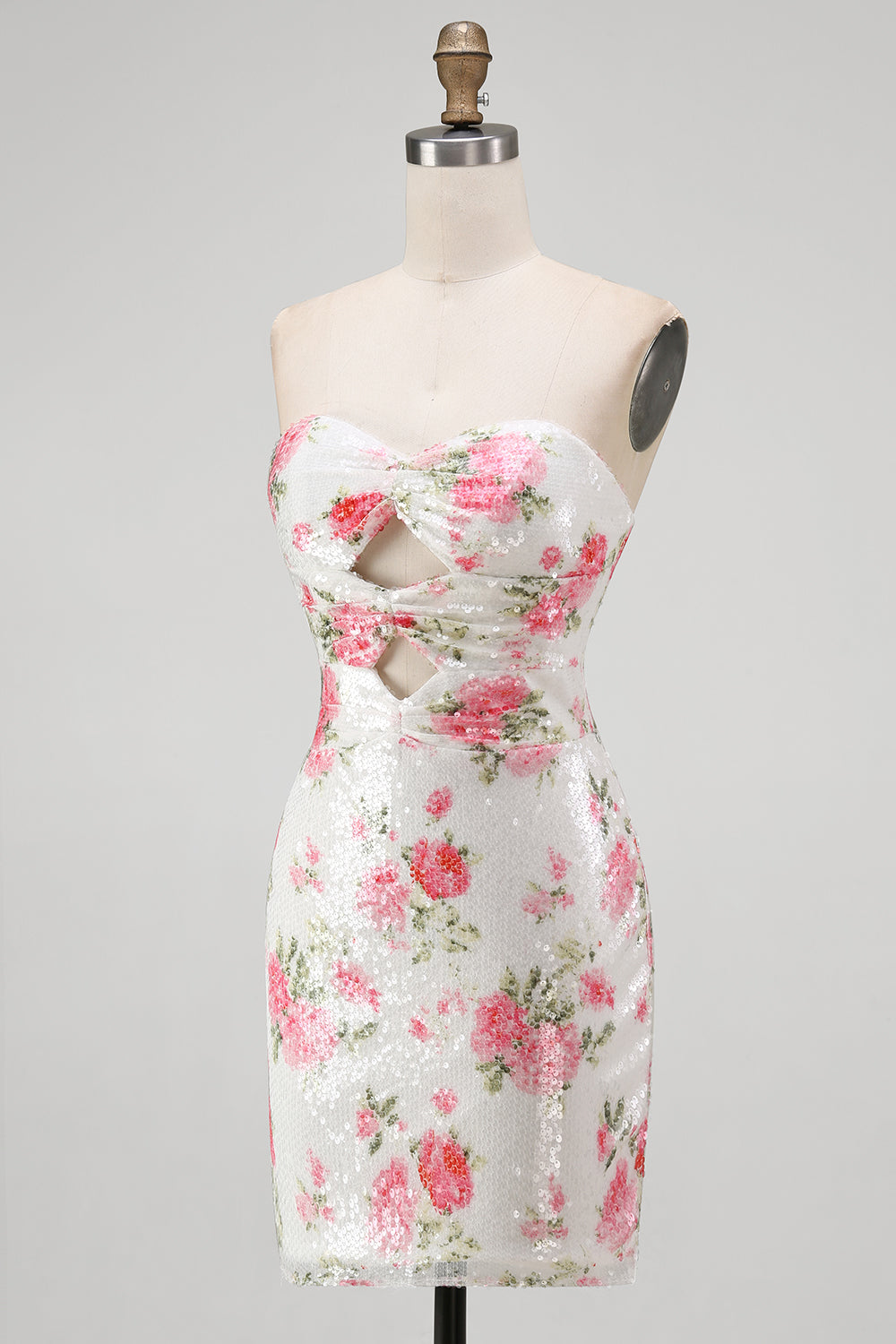 Robe de cocktail moulante blanche à trou de serrure avec sequins floraux et laçage au dos