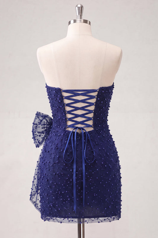 Navy Strapless Beaded Tight Lace-Up Back Short Homecoming Dress with Bow