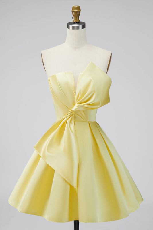 A-Line Daffodil Satin Strapless Ruched Lace-Up Back Homecoming Dress with Bow