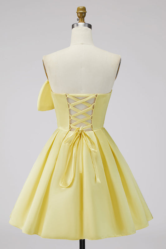 A-Line Daffodil Satin Strapless Ruched Lace-Up Back Homecoming Dress with Bow