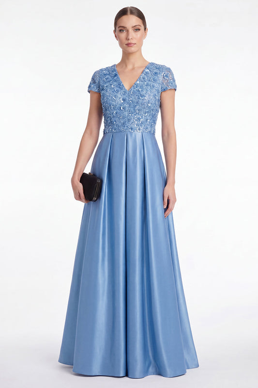 A-Line Blue V-Neck Satin Sequins Long Mother Of the Bride Dress with Short Sleeves