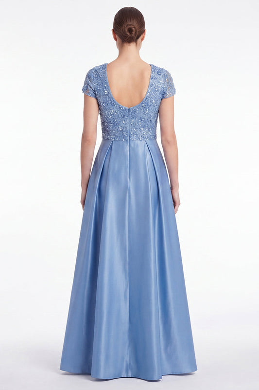A-Line Blue V-Neck Satin Sequins Long Mother Of the Bride Dress with Short Sleeves
