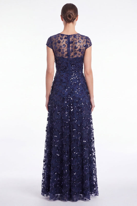 A-line Navy Round Neck Sequins Long Mother Of the Bride Dress with Cap Sleeves