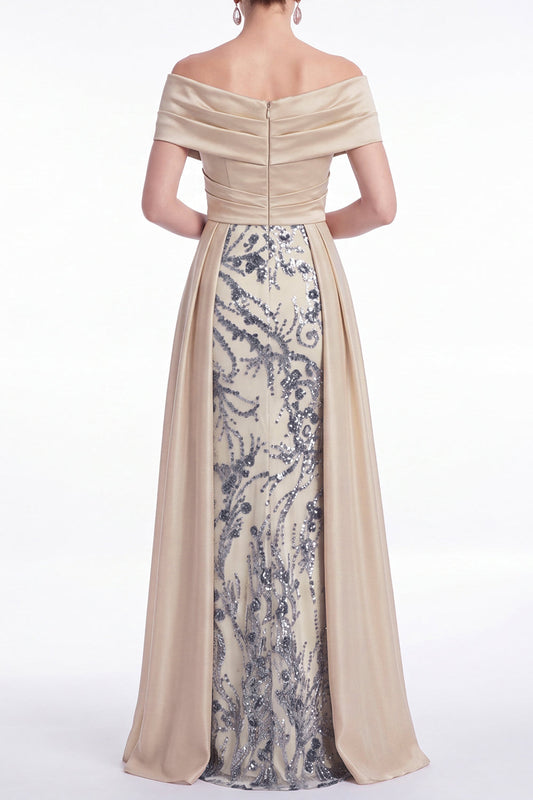 Champagne A-Line Floral Sequin Long Mother Of the Bride Dress with Sash