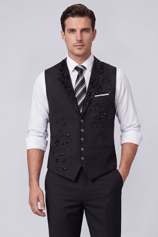 Black Single Breasted Peak Lapel Men's Suit Vest with Beading
