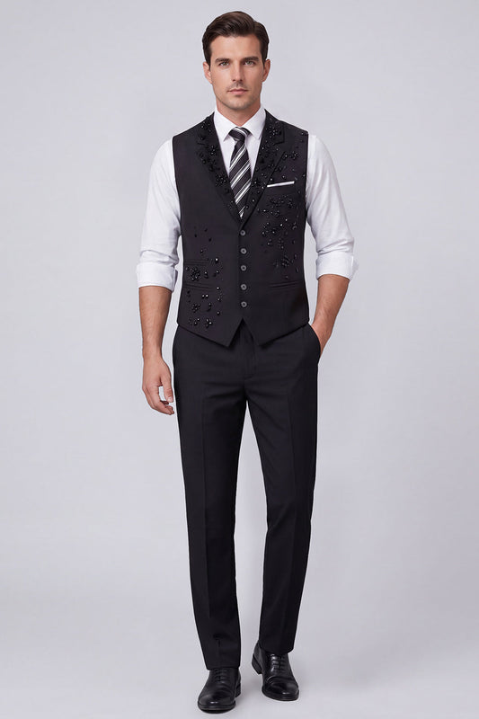 Black Single Breasted Peak Lapel Men's Suit Vest with Beading