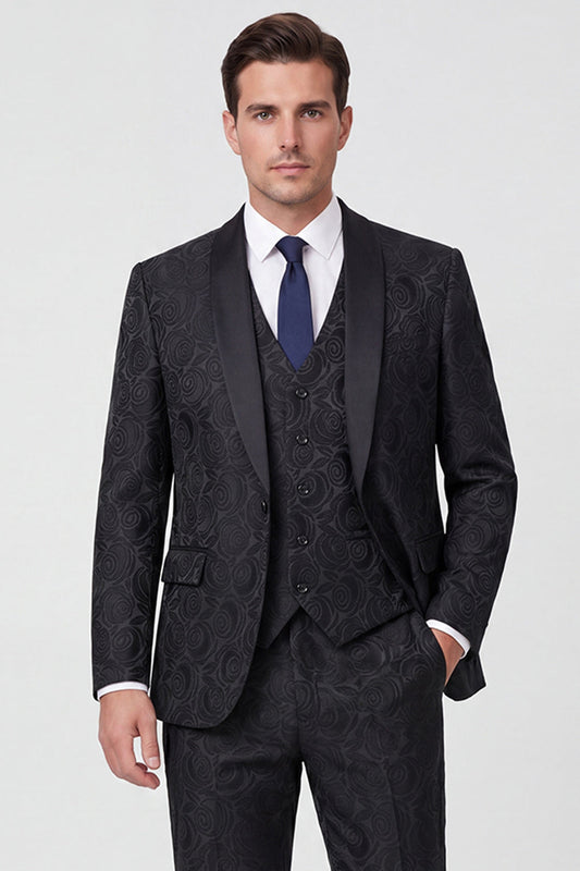 Costume de bal 3 pièces pour homme à un bouton avec revers châle noir