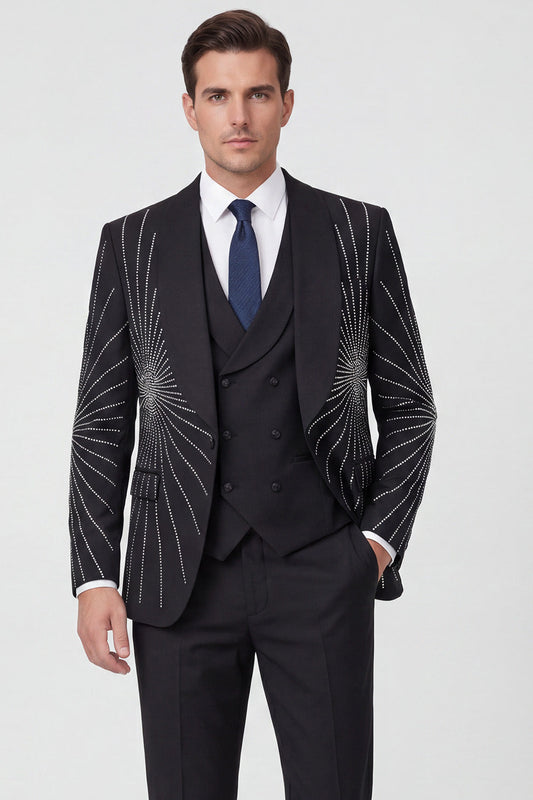 Costumes de bal pour homme 3 pièces noirs avec revers châle, un bouton et perles