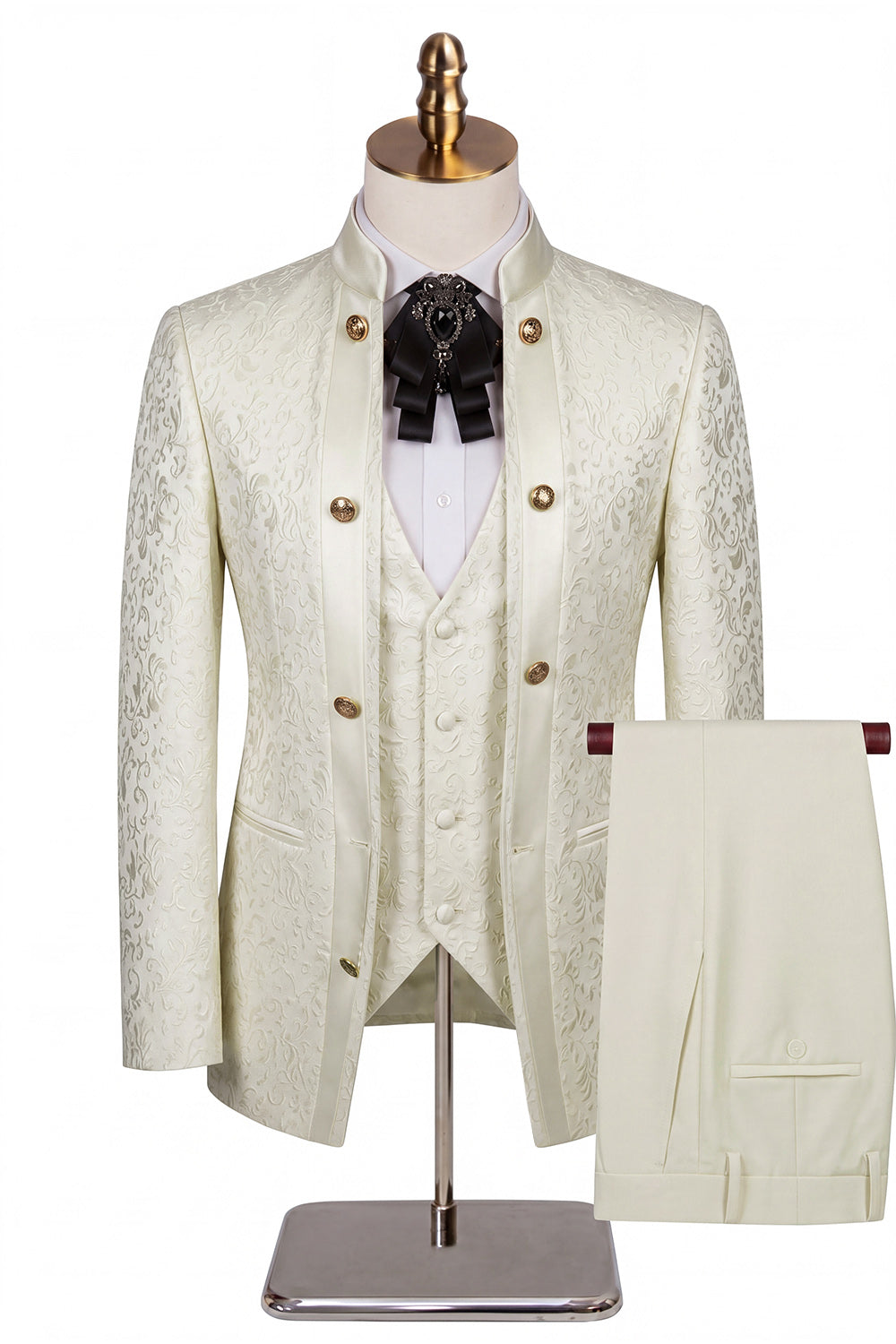 Costumes de bal pour homme en jacquard beige à motif floral, 3 pièces, avec un bouton