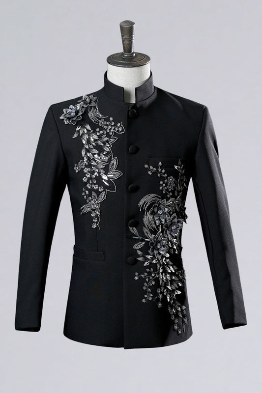 Costume de bal 2 pièces noir à simple boutonnage pour homme avec broderie