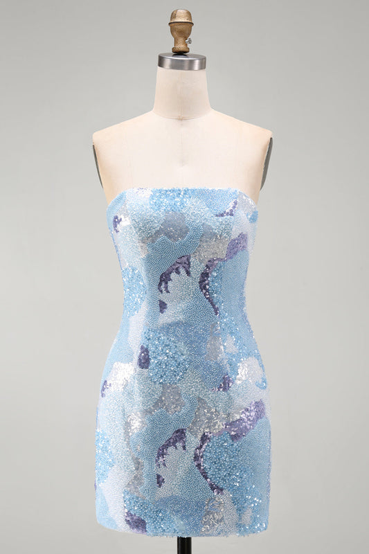 Strapless Blue Bodycon Short Homecoming Dress with Beading