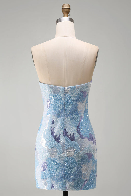 Strapless Blue Bodycon Short Homecoming Dress with Beading