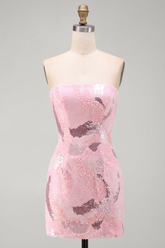 Pink Strapless Bodycon Beaded Short Homecoming Dress