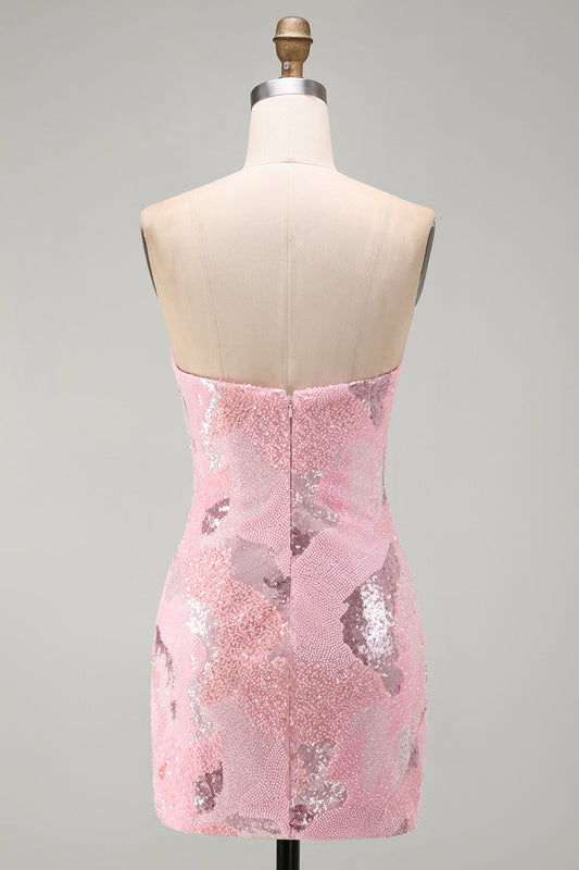 Pink Strapless Bodycon Beaded Short Homecoming Dress