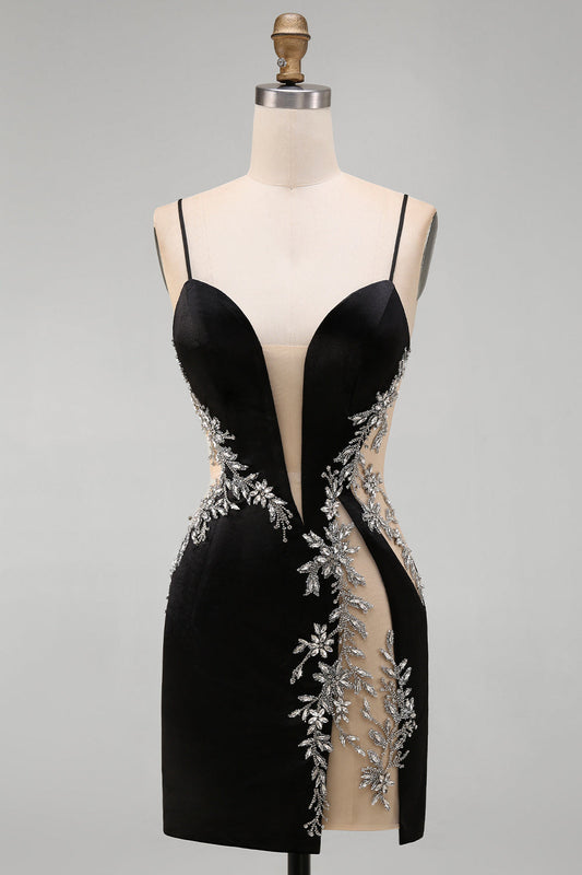 Black Bodycon Floral Spaghetti Straps Short Homecoming Dress with Beading