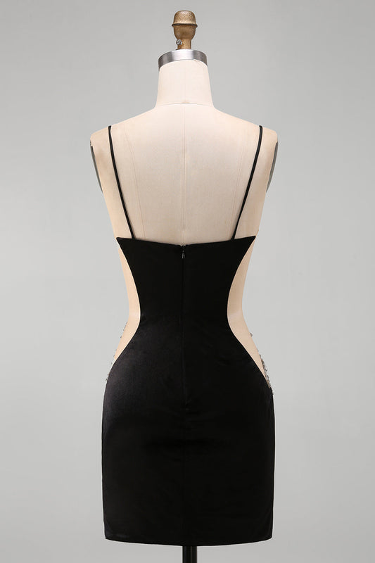 Black Bodycon Floral Spaghetti Straps Short Homecoming Dress with Beading
