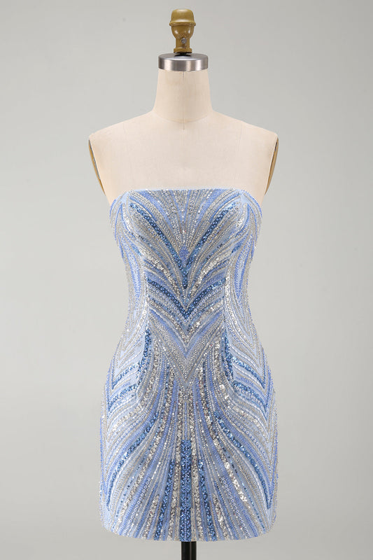 Robe courte de retour à la maison moulante à sequins bleus scintillante bustier avec perles