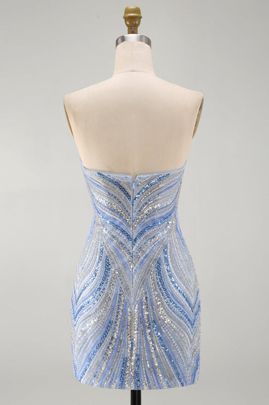 Robe courte de retour à la maison moulante à sequins bleus scintillante bustier avec perles