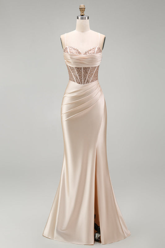 Champagne Mermaid Satin Corset Beaded Long Prom Dress with Slit