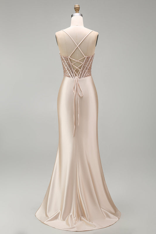 Champagne Mermaid Satin Corset Beaded Long Prom Dress with Slit