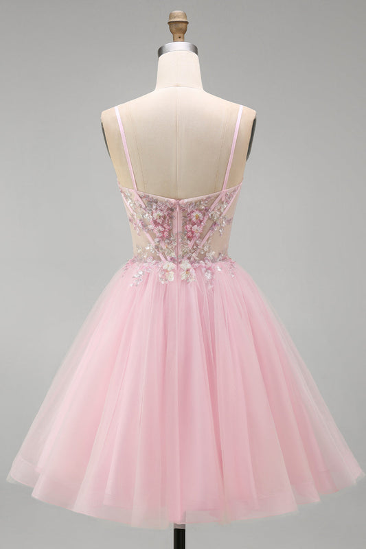 A-Line Pink Floral Corset Spaghetti Straps Sequins Short Homecoming Dress with Beading