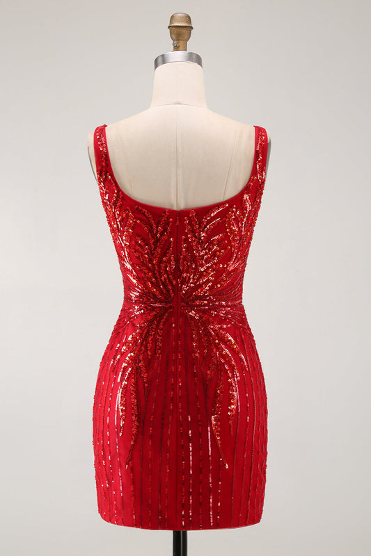Robe courte de bal moulante à paillettes bordeaux scintillantes et encolure carrée