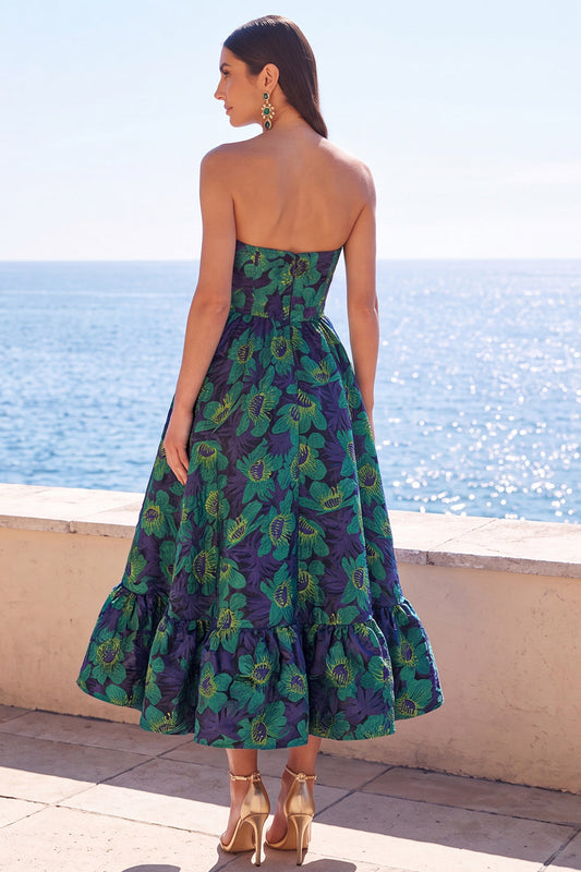 Robe midi jacquard trapèze vert foncé sans bretelles avec volants et motifs floraux