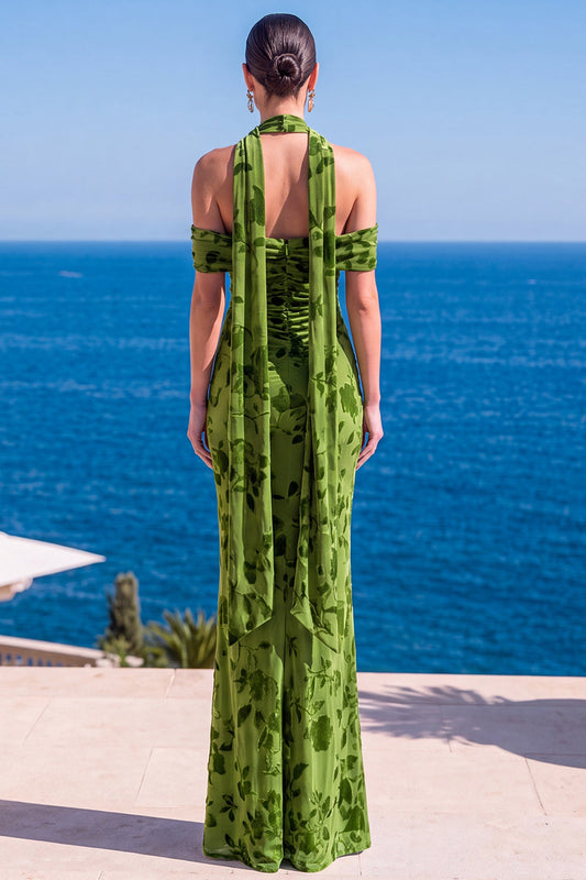 Robe longue sirène à fleurs, en velours vert émeraude, col licou froncé