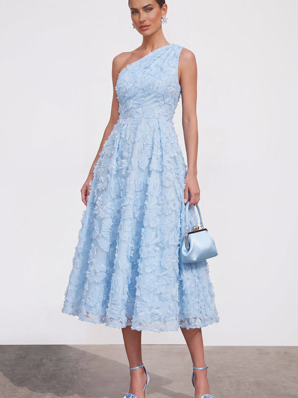 Robe midi bleu ciel asymétrique à volants floraux et perles