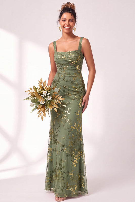 Vestido largo de dama de honor de terciopelo con estampado floral fruncido y escote cuadrado sirena