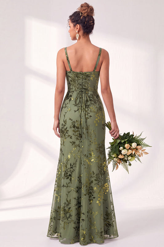 Vestido largo de dama de honor de terciopelo con estampado floral fruncido y escote cuadrado sirena