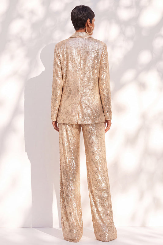 Champagne Sequin Pantsuits Shawl Lapel Long Women's Suits