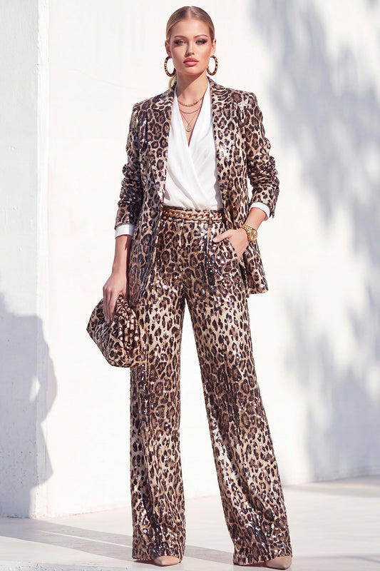 Coffee Leopard Sequin Pantsuits Notched Lapel Long Women's Suits with Pockets