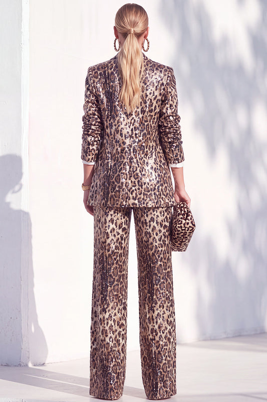 Coffee Leopard Sequin Pantsuits Notched Lapel Long Women's Suits with Pockets