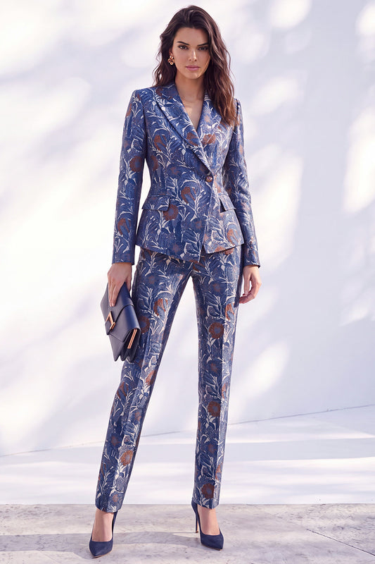 Dark Blue Printed Fitted Peak Lapel Long Women's Suits