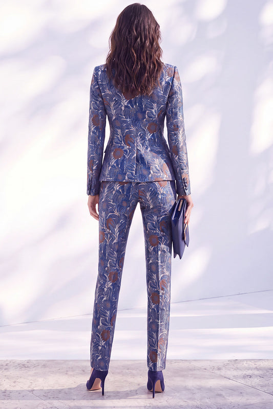 Dark Blue Printed Fitted Peak Lapel Long Women's Suits