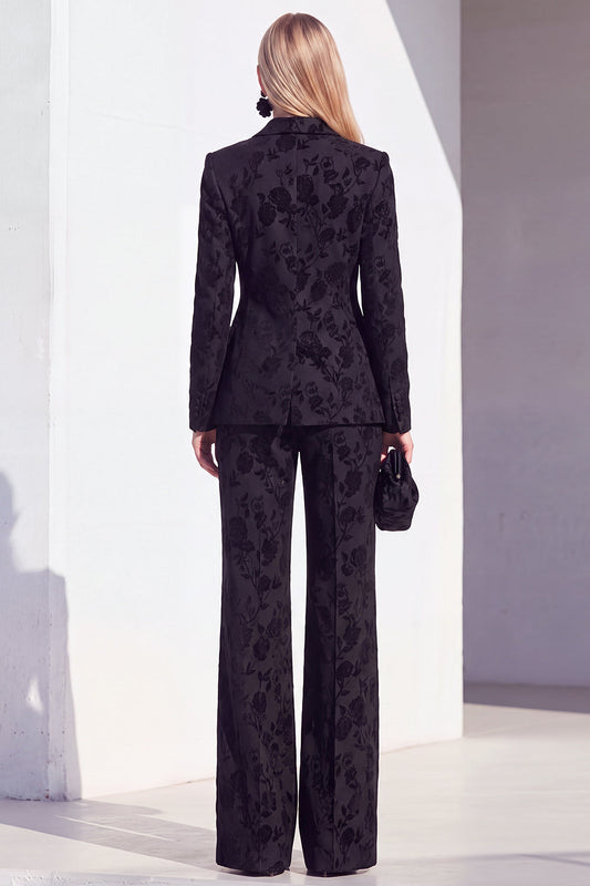 Vintage Black Floral Printed Peak Lapel Long Women's Suits