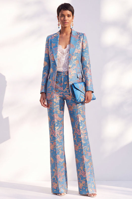 Blue Floral Print Notched Lapel Long Women's Suits