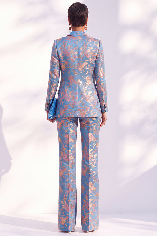 Blue Floral Print Notched Lapel Long Women's Suits